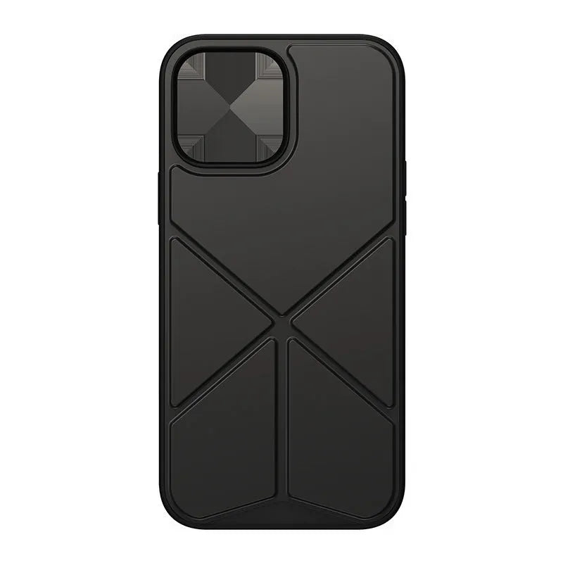 A black minimalist TPU back cover case for an iPhone 13 Pro Max on a table.