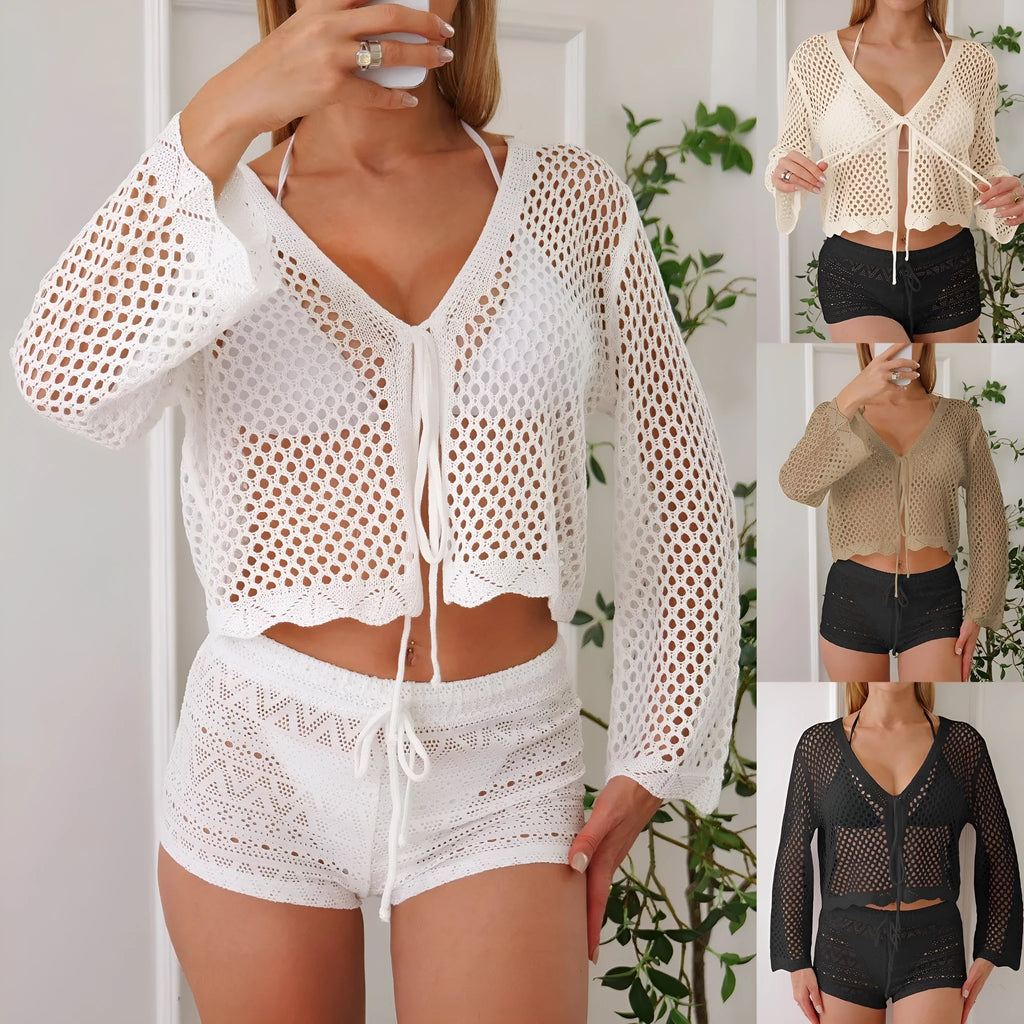 Short apricot women's cardigan blouse with bell sleeves and hollow woven texture.