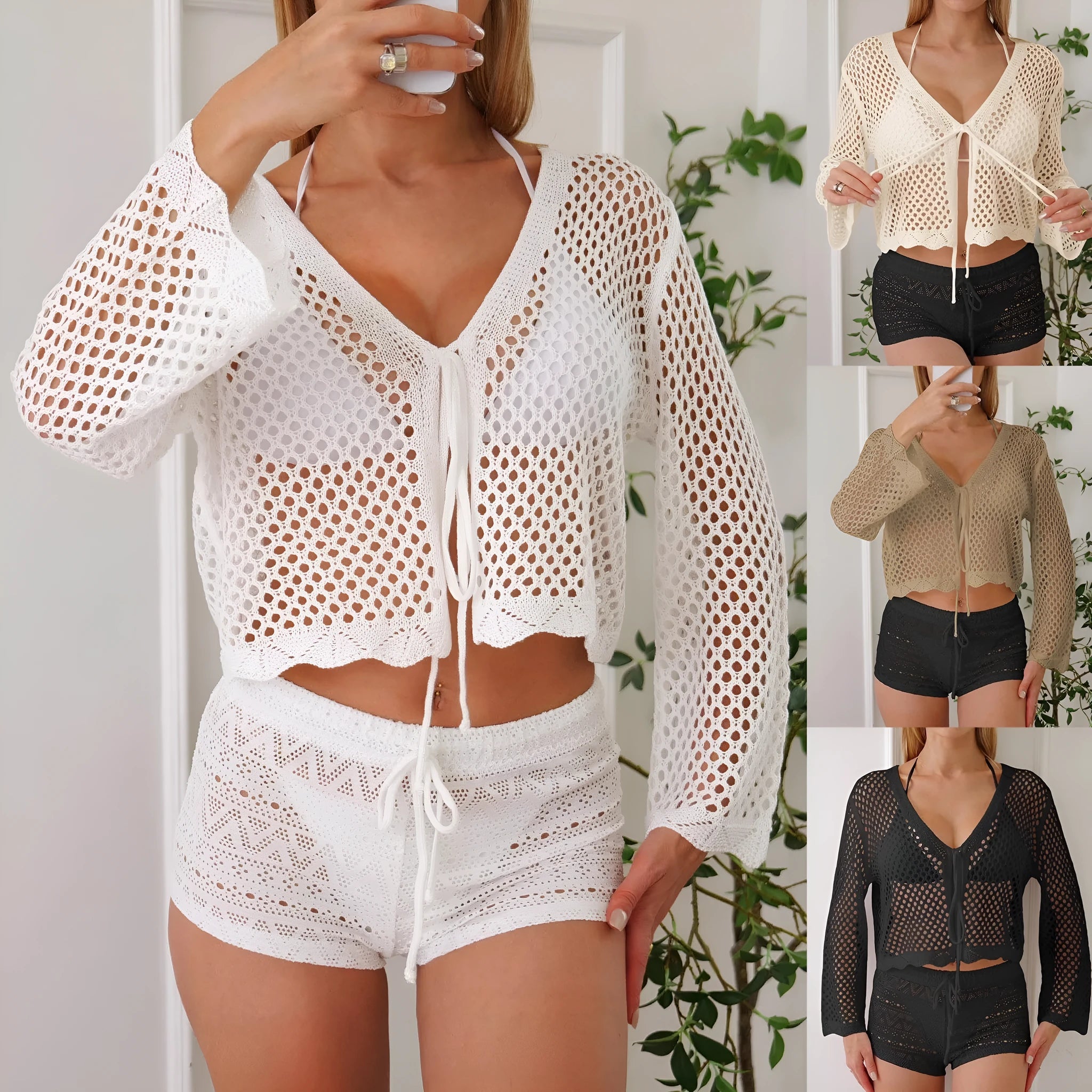 Short apricot women's cardigan blouse with bell sleeves and hollow woven texture.