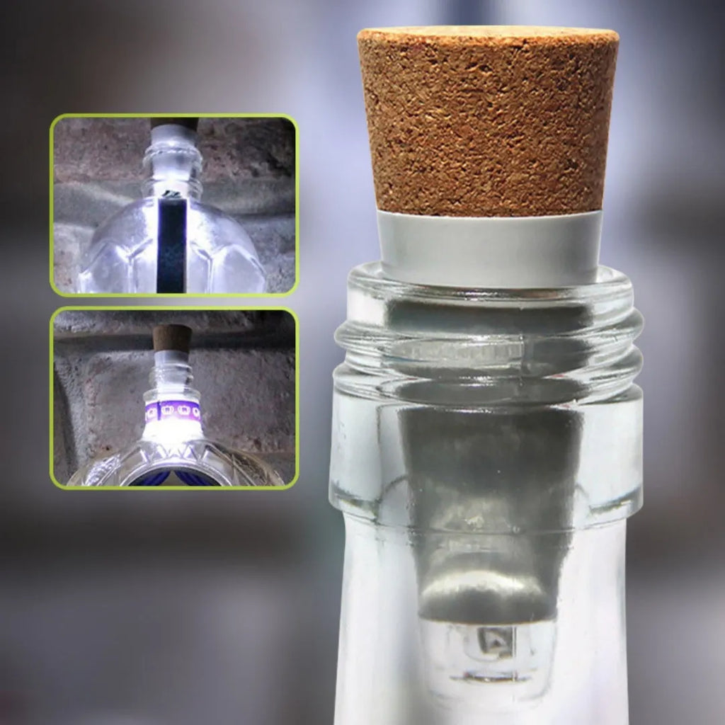 White plastic LED rechargeable luminous bottle cap cork light with integrated cork, shown on a wine bottle