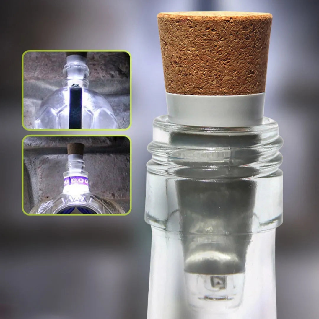 White plastic LED rechargeable luminous bottle cap cork light with integrated cork, shown on a wine bottle