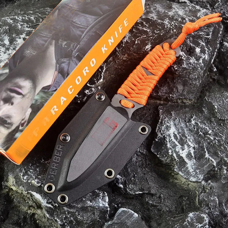Outdoor camping survival knife with straight blade, rope handle, and ABS protective sheath