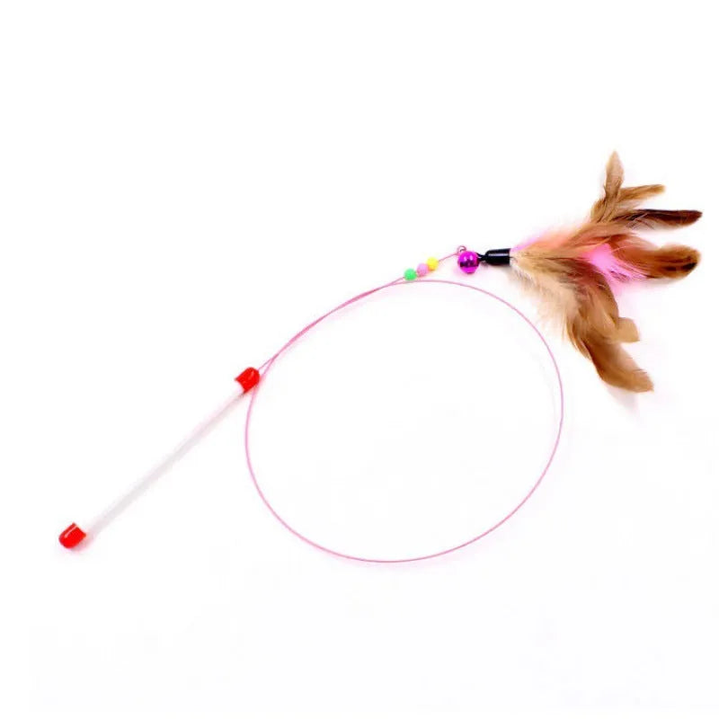 Cat teaser stick with steel wire rod and feather attachment on PVC handle