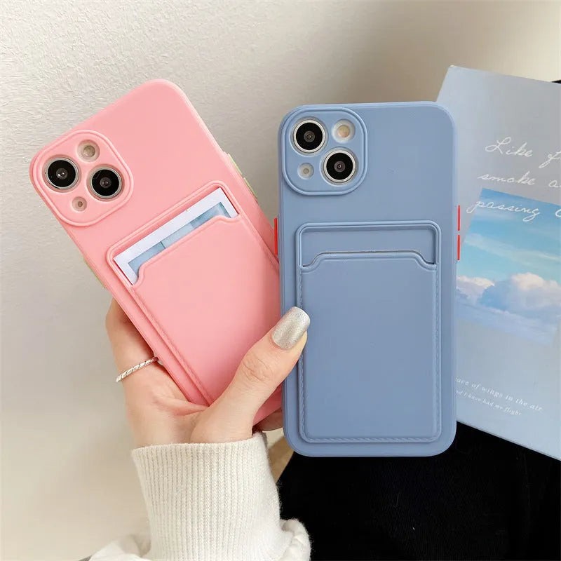 Sky blue colour blocking TPU phone case with a visible card slot for iPhone models.