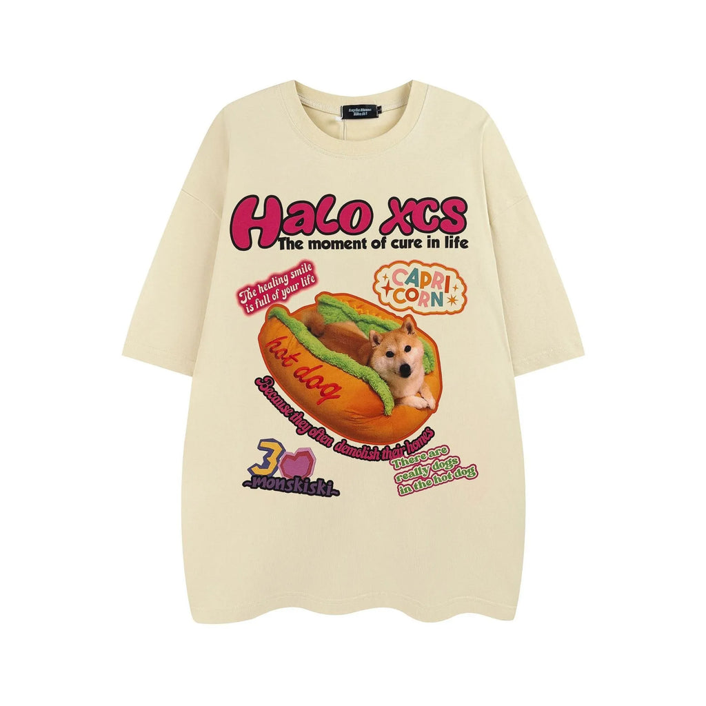 White loose cotton t-shirt with a cartoon print of a hamburger and a dog on the front.