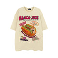 White loose cotton t-shirt with a cartoon print of a hamburger and a dog on the front.
