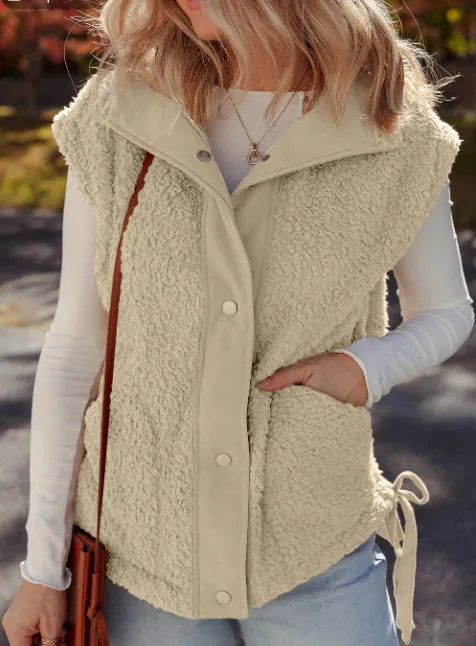 Women's beige cinnamon faux fur snap-front sleeveless vest with pockets, casual style