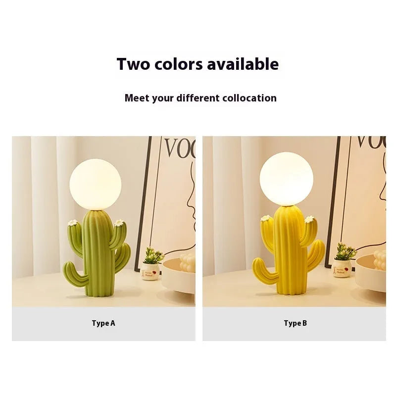 Green cactus button desk lamp with three-colour accents on a bedside table in a child's room