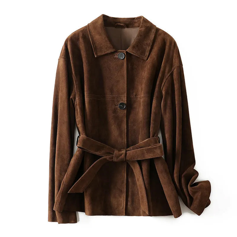 Yellow Brown loose-fit cashmere coat with Peter Pan collar and leather stitching details on front.