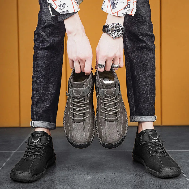 Men's casual velcro sneakers in black with microfiber upper and rubber sole, lace-up front and car stitching detail