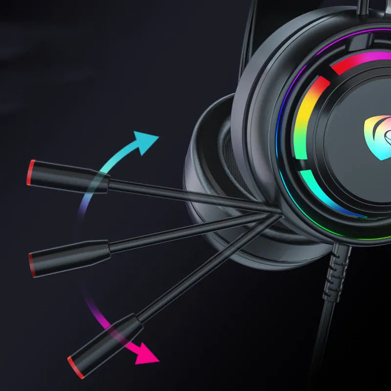 Black wired over-ear gaming headphones with a microphone and a long cable.