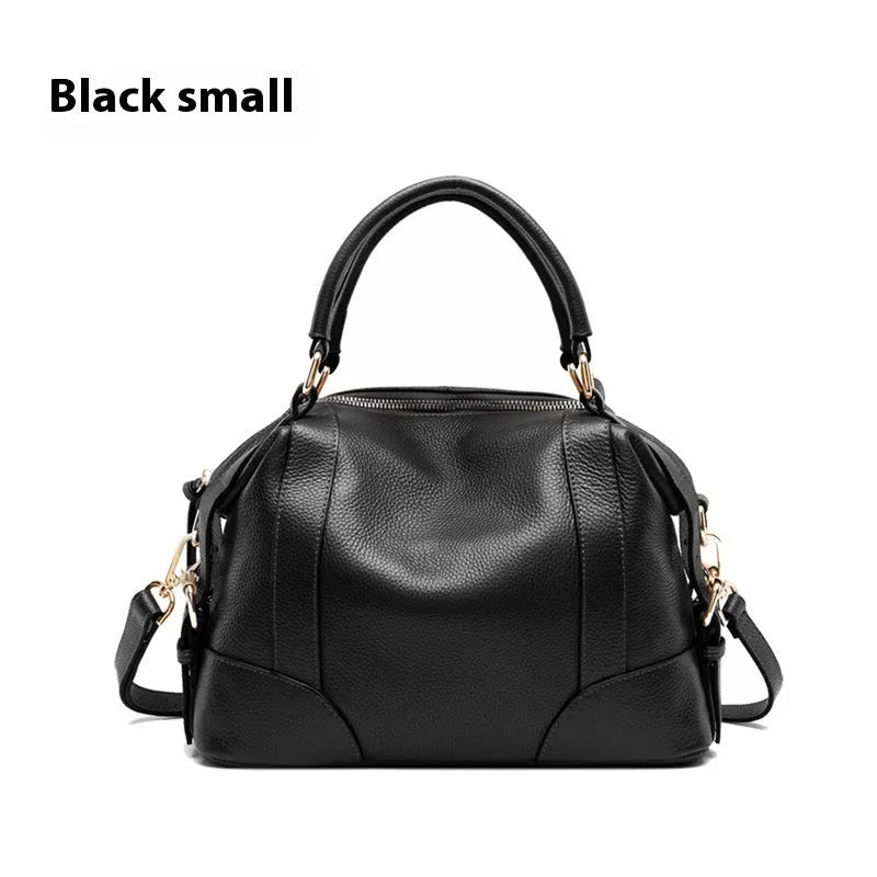 European top layer cowhide leather shoulder bag for ladies with tassel detail, zipper closure, soft handle, in black colour, medium size