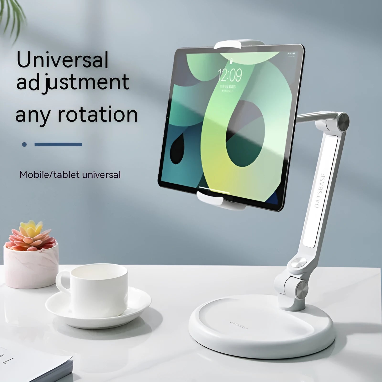 Foldable lifting bracket for mobile phone and tablet in White Extended on a desk