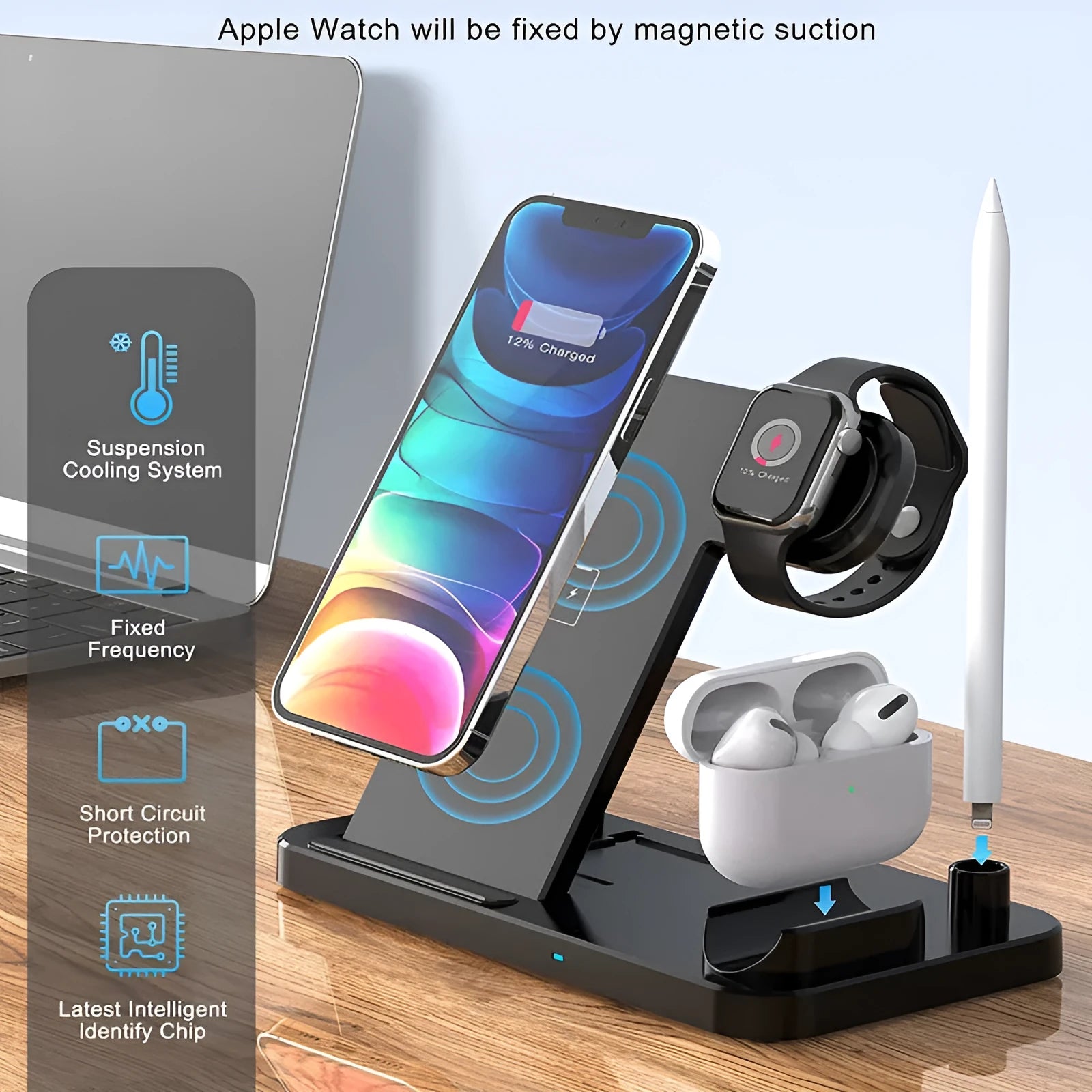 Black four-in-one wireless phone charger with QC3.0 charging head for multiple devices
