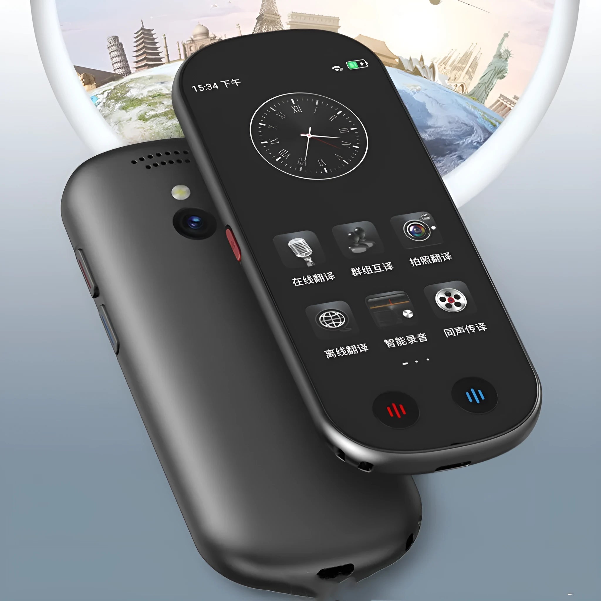Black multi-language simultaneous interpretation translator for business with lanyard and charging cable.