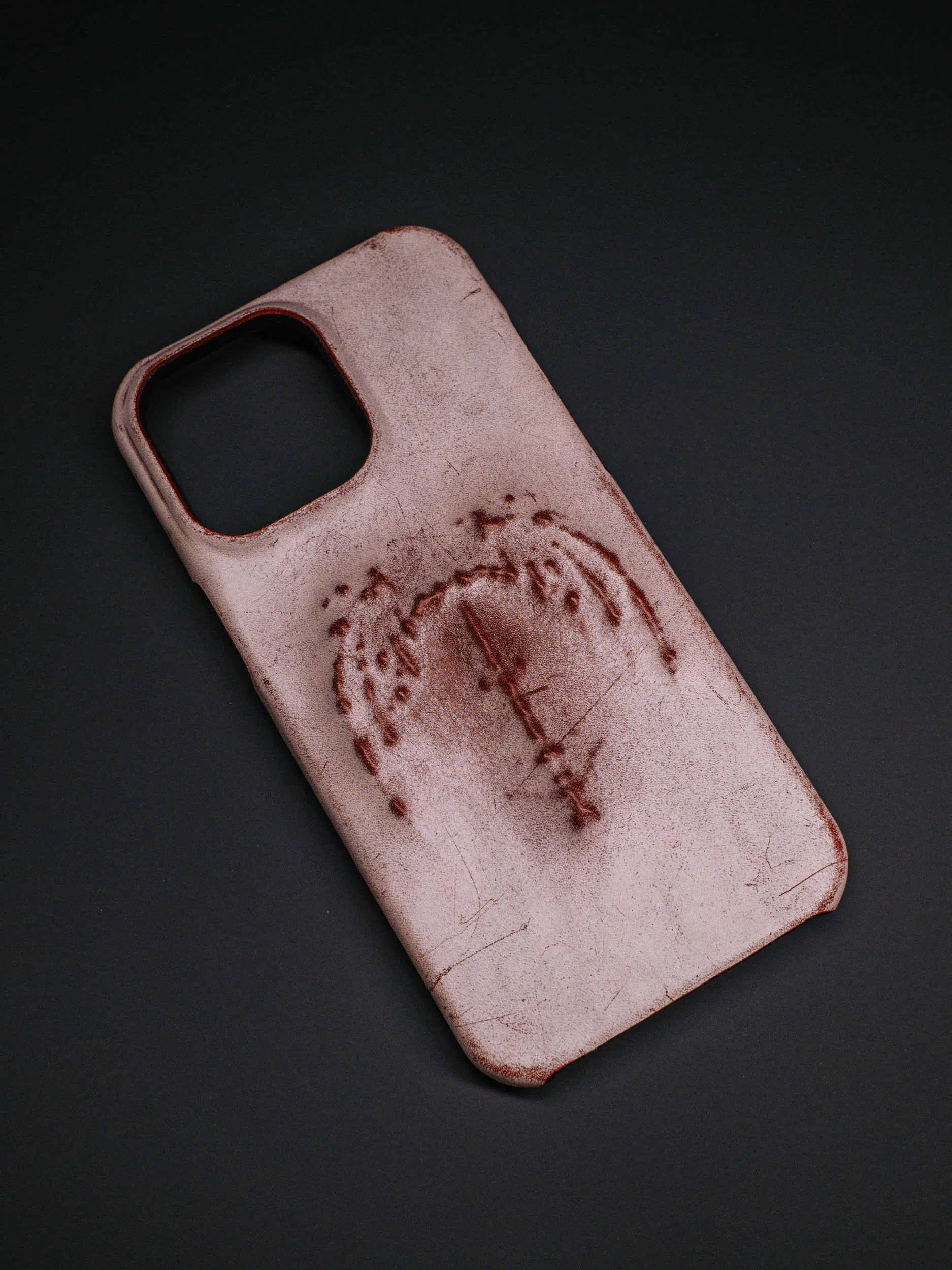Retro gothic vampire bat wing embossed dark style cowhide leather phone case for iPhone, red and gray-black