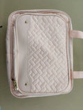 Waterproof polyester hanging cosmetic storage bag in pink colour showing dimensions