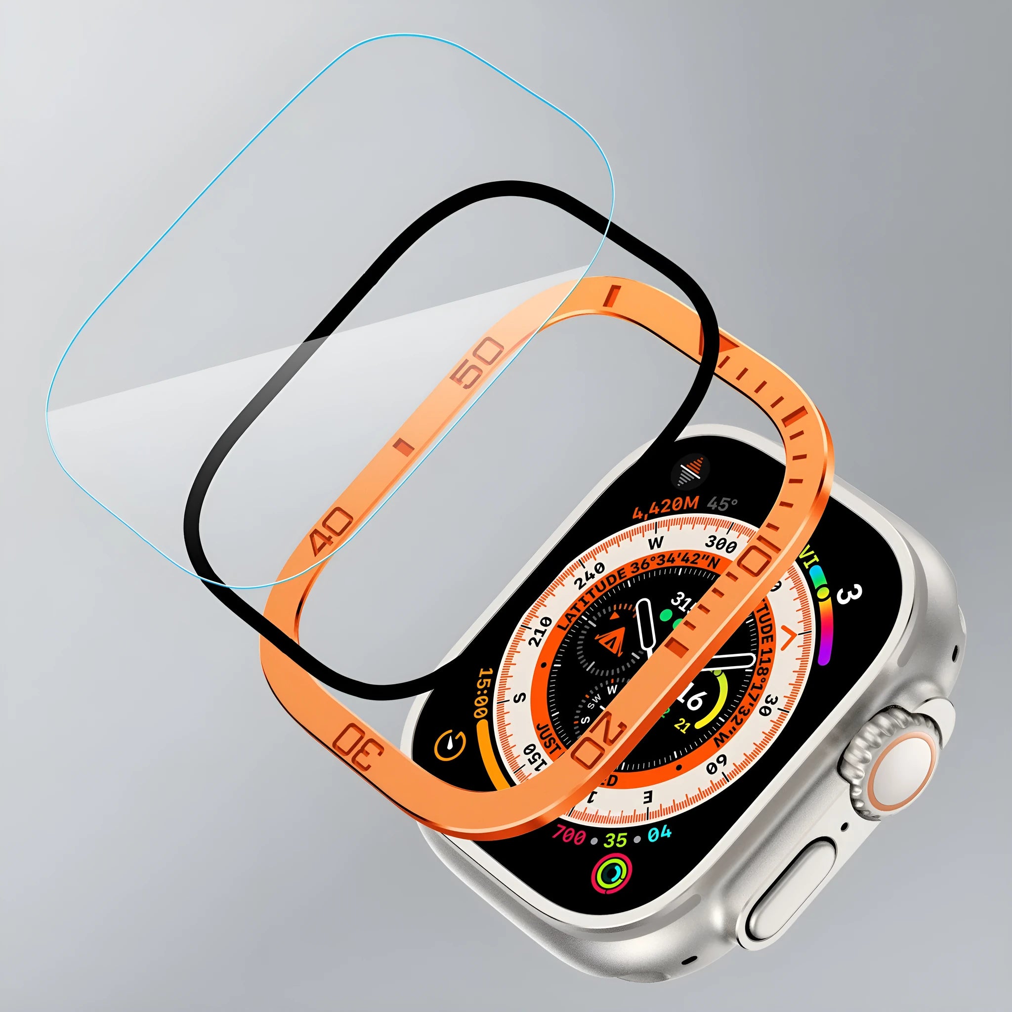 Metal protective frame for 49mm watch in black, orange, and original colour