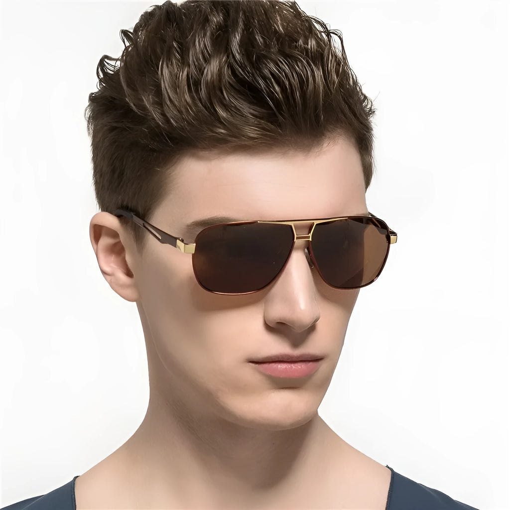 Men's orange red polarised aviator sunglasses with metal frame and teardrop-shaped TAC lenses.