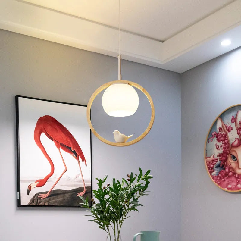 Nordic solid wood bird pendant light for corridor, restaurant or staircase, single head, 220V, with bulb included