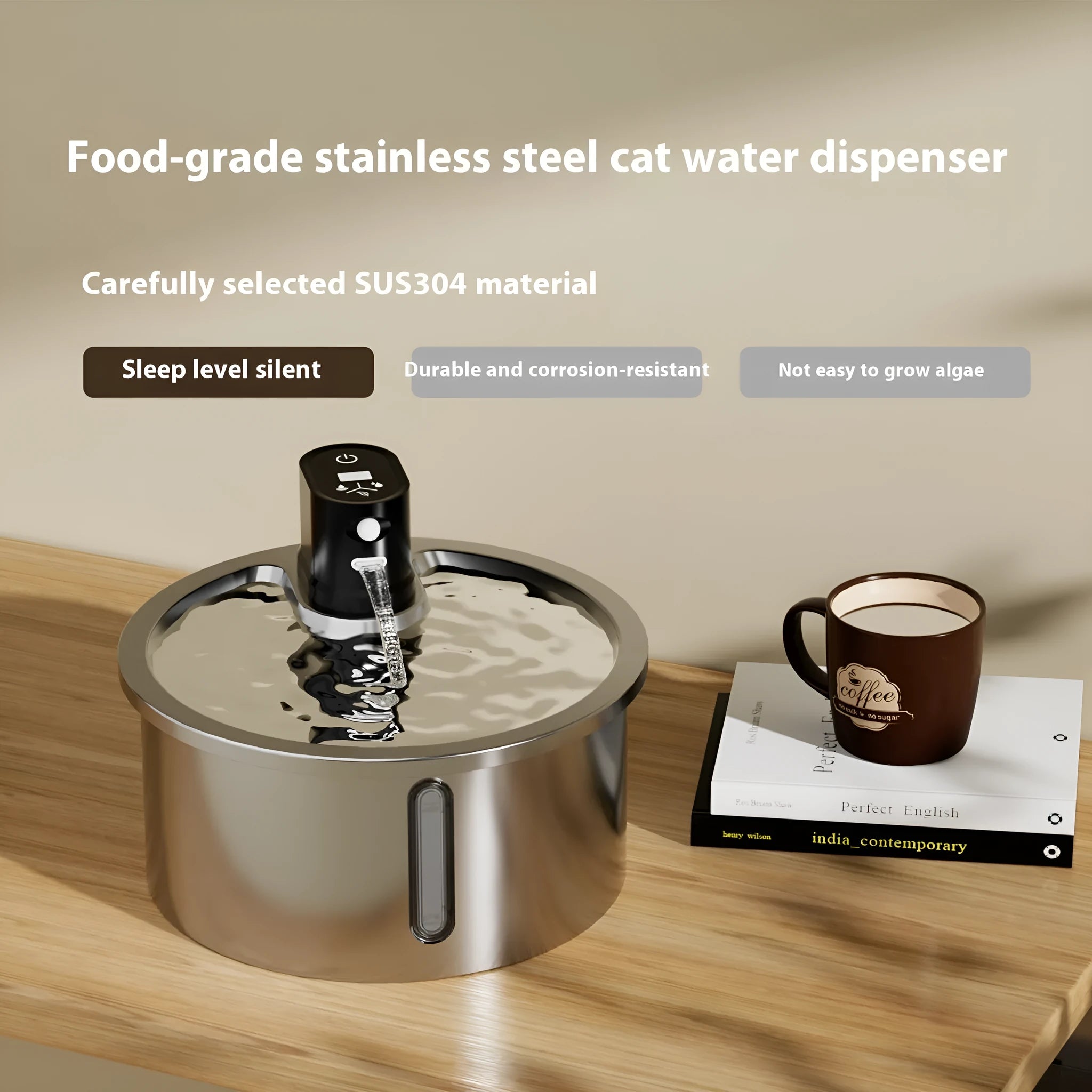 Stainless steel cat water fountain with heating base on a table.