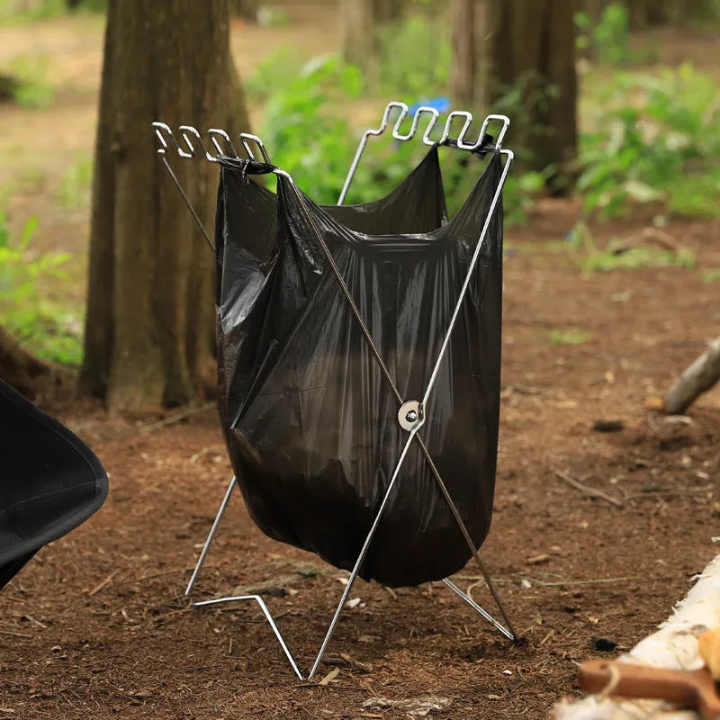 Silver folding garbage bag bracket with adjustable stainless steel frame for camping use