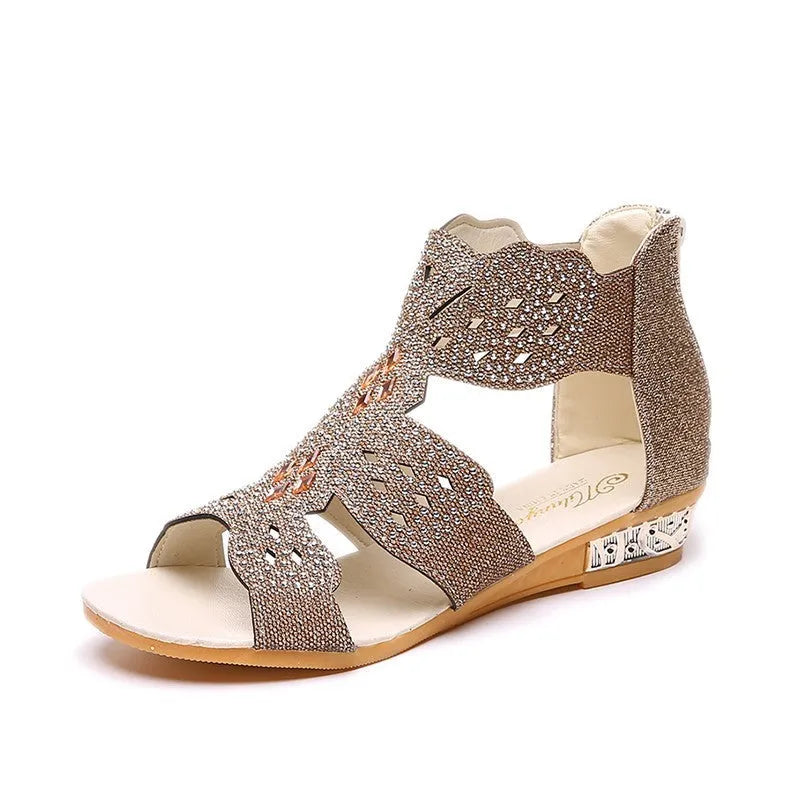 Women's black open toe sandals with rhinestone details and back zipper closure
