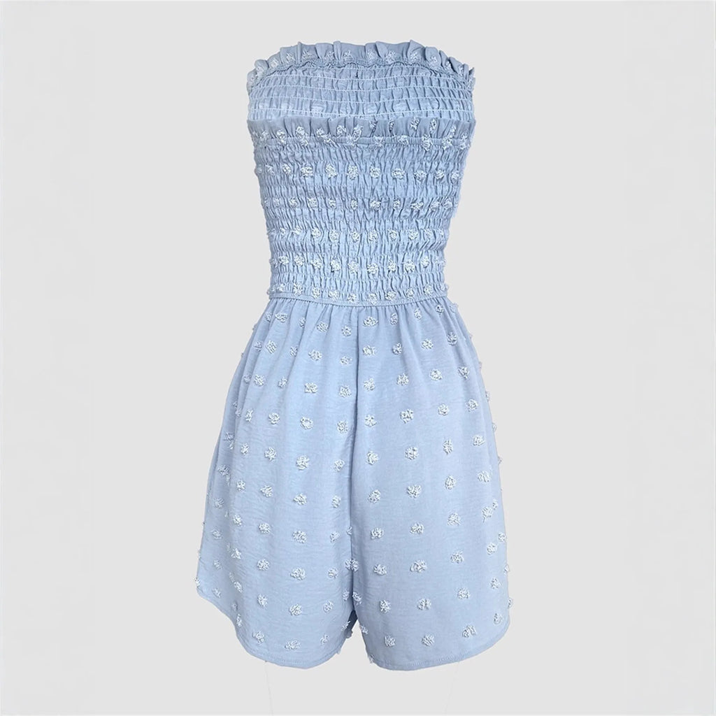Women's sleeveless off-shoulder jumpsuit in polyester fabric showing blue colour option with button detailing