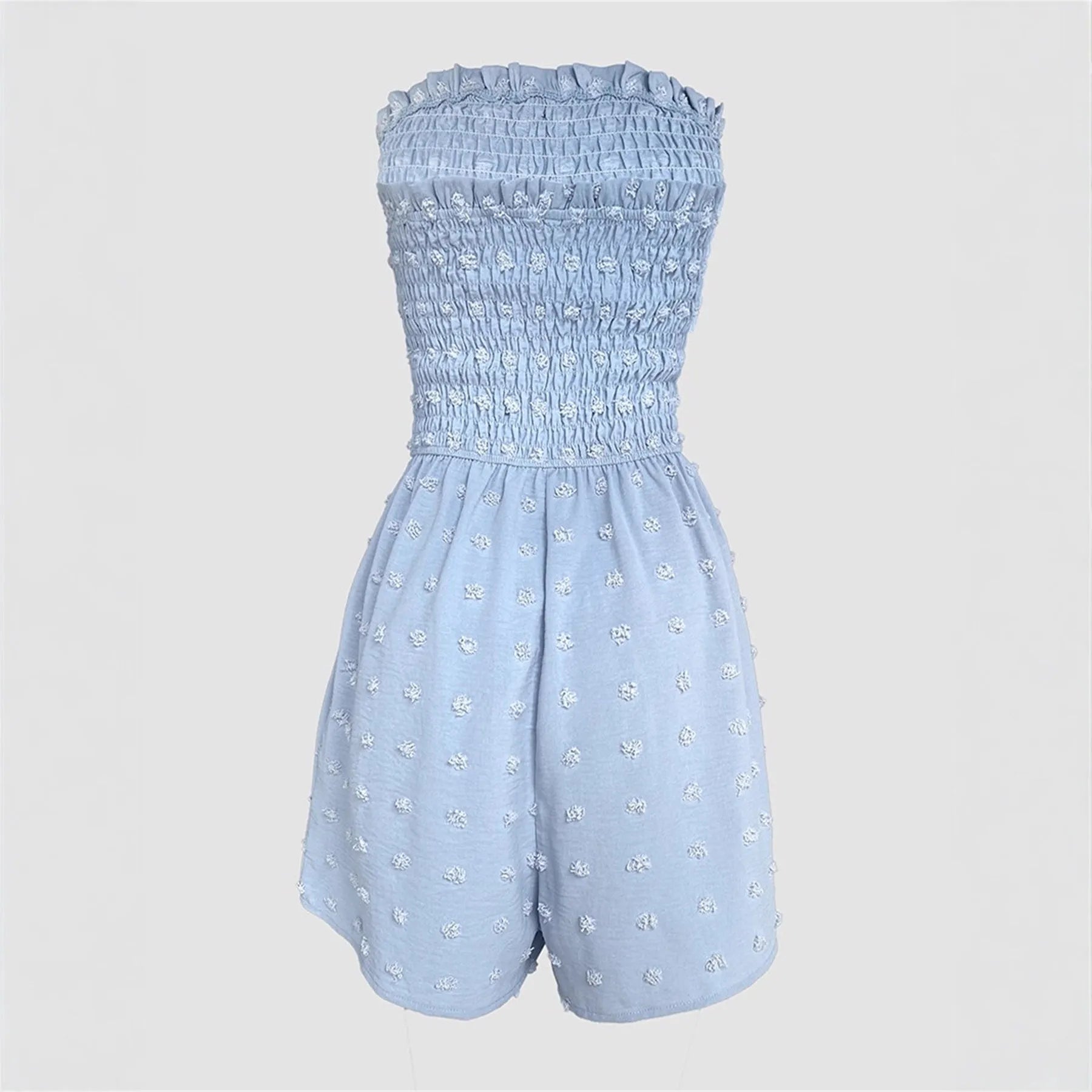 Women's sleeveless off-shoulder jumpsuit in polyester fabric showing blue colour option with button detailing