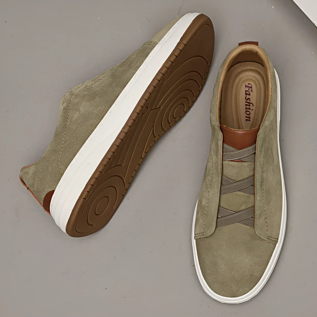 Men's suede casual soft bottom shoes with genuine cowhide leather upper, elastic band, round toe, low-top style in black, blue, khaki