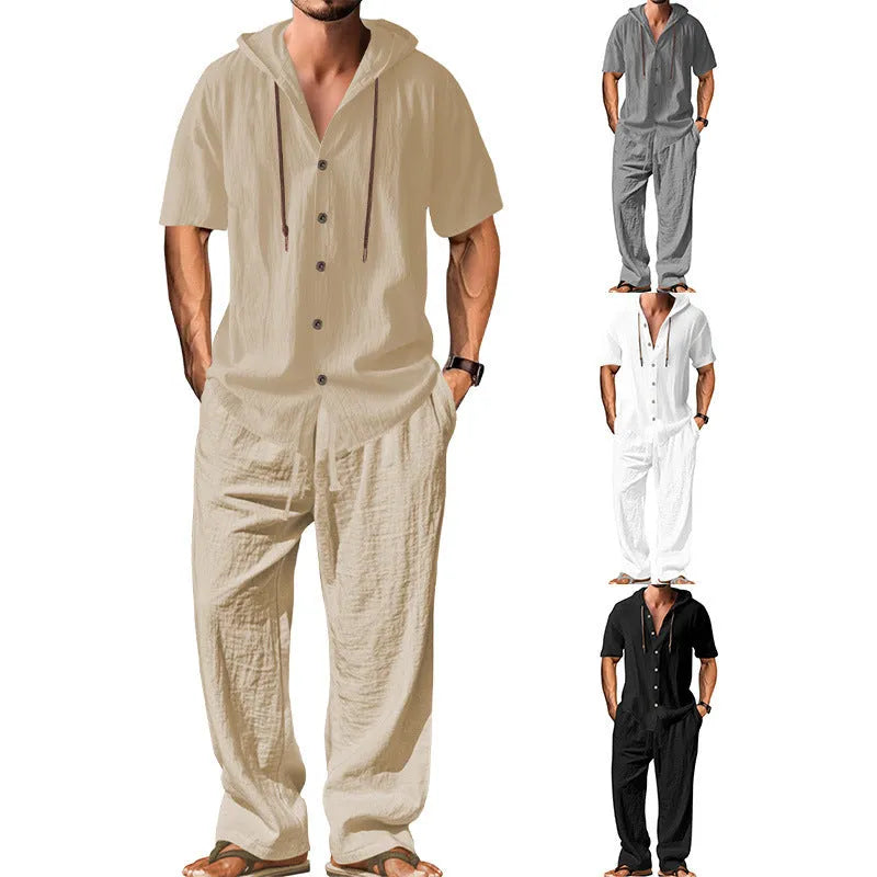 Men's casual cotton suit set in a neutral colour, showing the long-sleeved top and trousers laid flat.