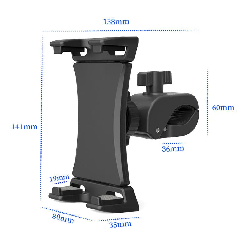 Black universal bicycle handlebar mount bracket for mobile phones and tablets on a bike.