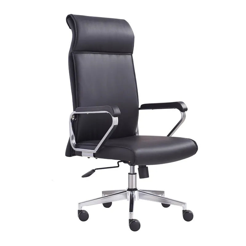 Black leather swivel office chair with metal frame, armrests, and 70cm backrest, model ZM-032