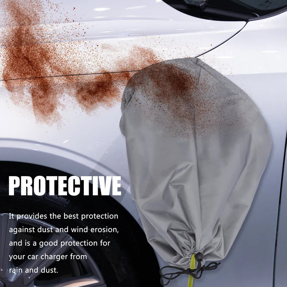 Grey waterproof drawstring cover for an outdoor electric vehicle charging unit.