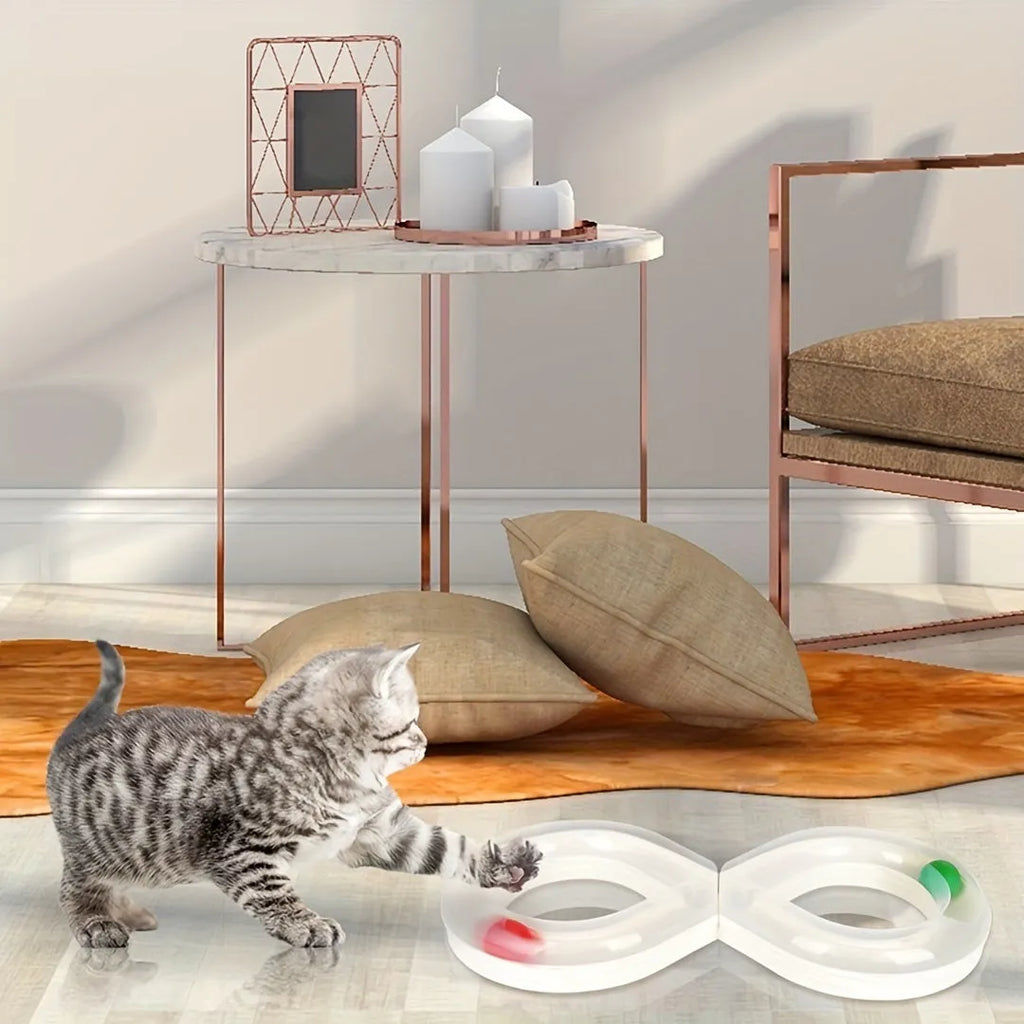 Blue and white self-moving cat turntable track toy with teasing stick for interactive play.