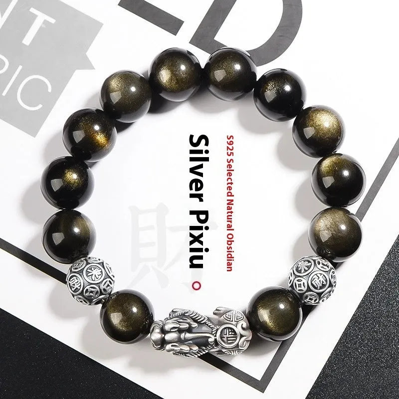 Men's geometric bracelet made of genuine black obsidian stone and polished 999 sterling silver components.