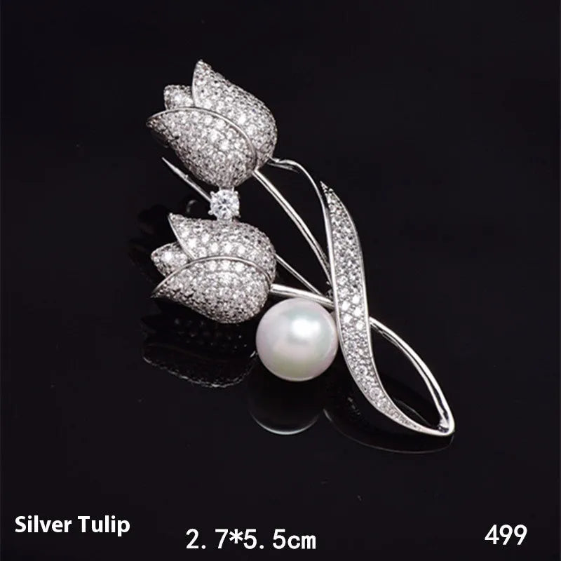 Silver tulip colour flower brooch with micro-inlaid zircon detailing on alloy base