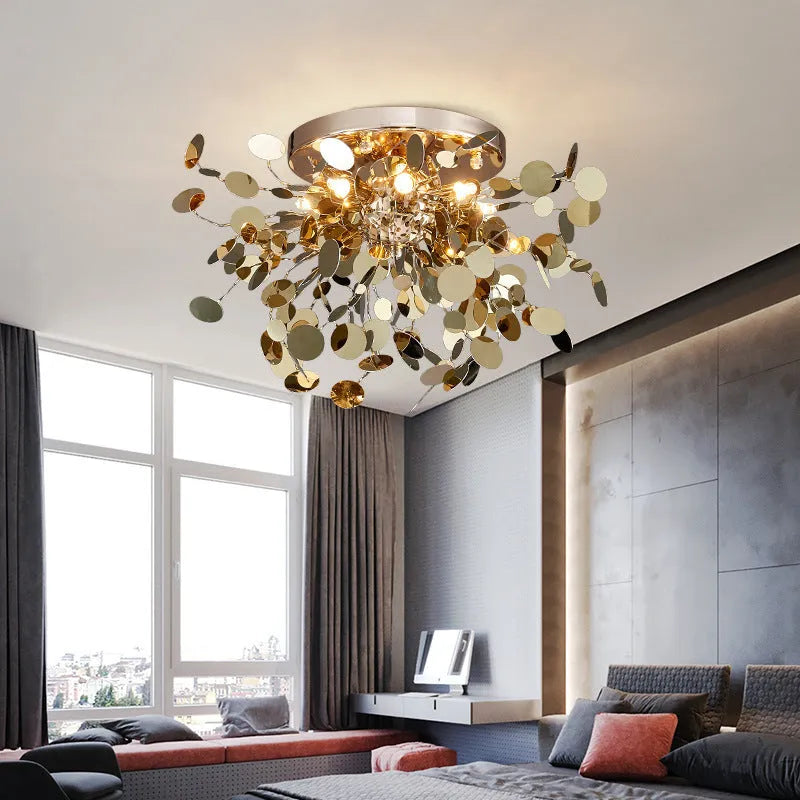 Stainless steel bar tree blade chandelier with eight G9 lights, shown in D380 x H450 mm and D500 x H450 mm sizes