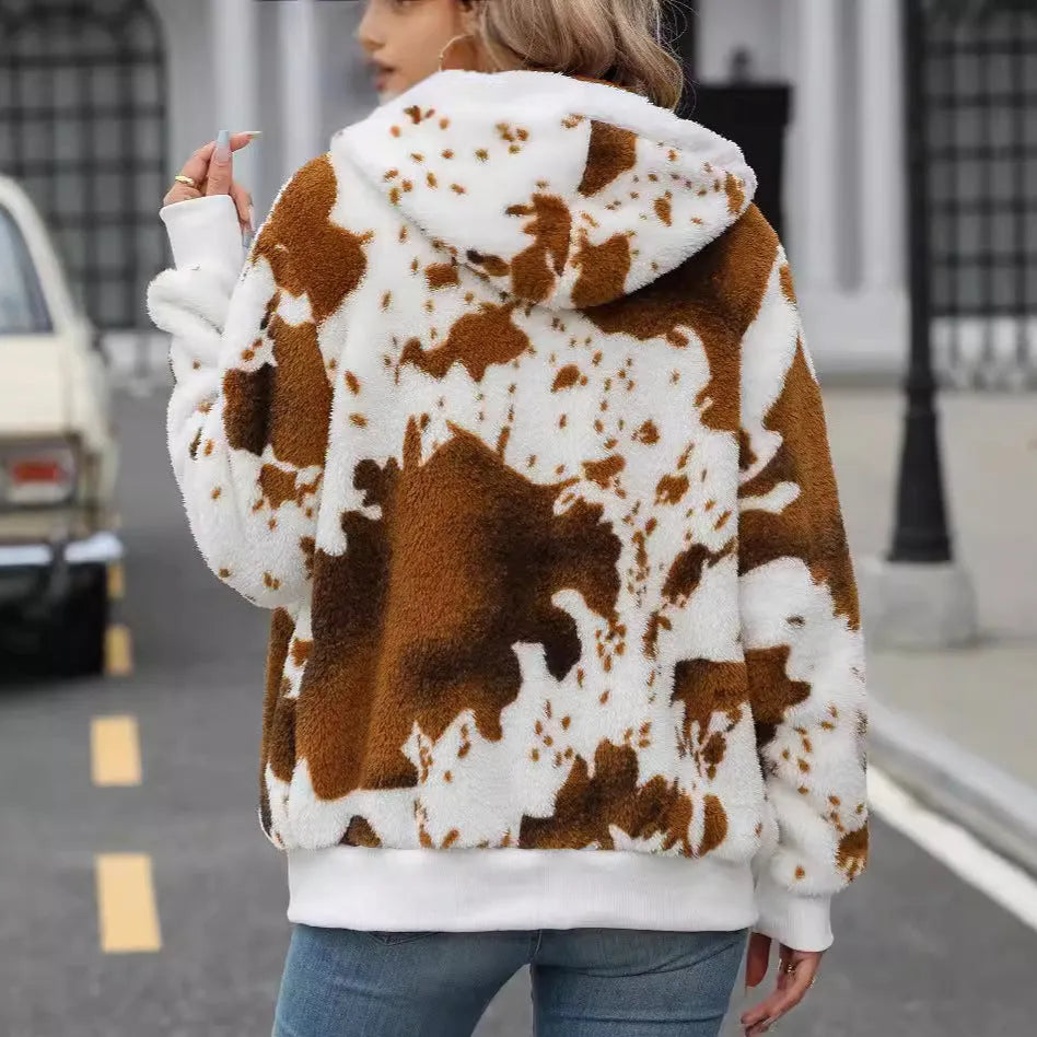 Yellow brown cow animal print hooded cardigan jacket with full front zipper in plush polyester fabric