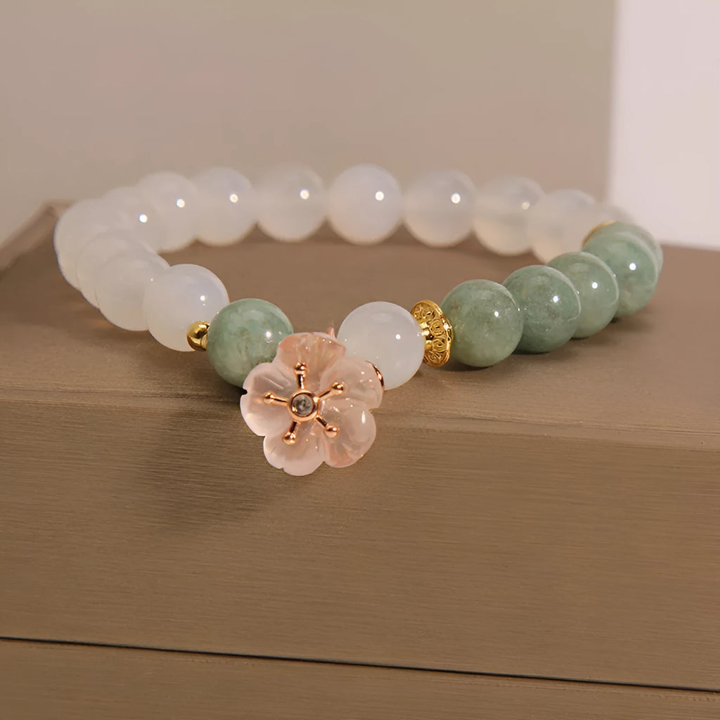 White agate jadeite jade flower pink floral bracelet with natural jade flower-shaped components