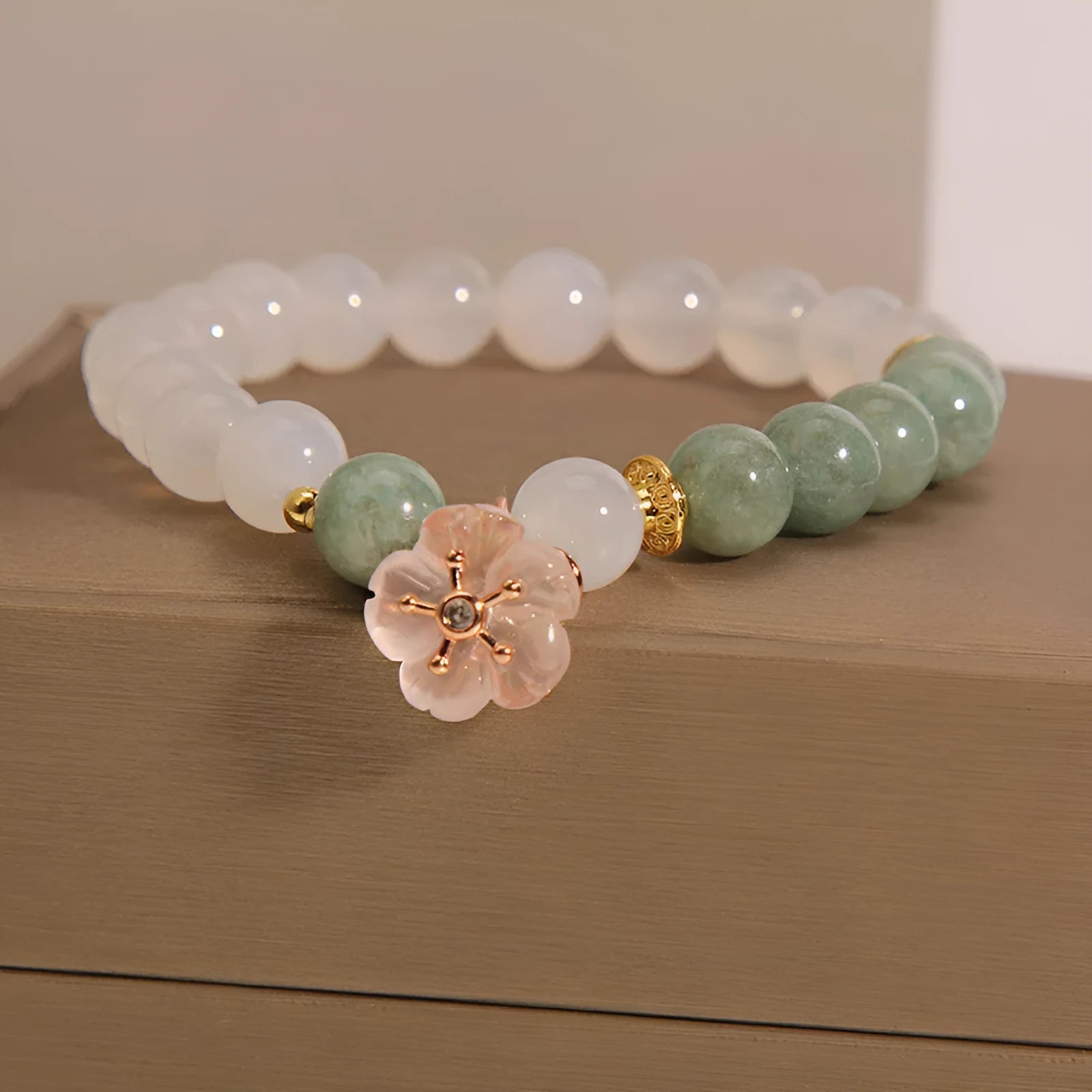 White agate jadeite jade flower pink floral bracelet with natural jade flower-shaped components