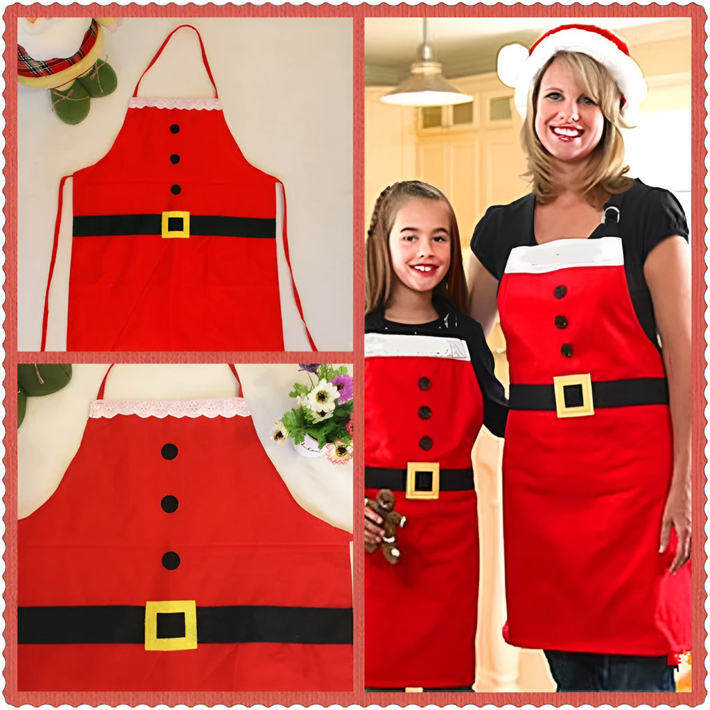 Red Merry Christmas apron in adult and children's sizes with adjustable straps