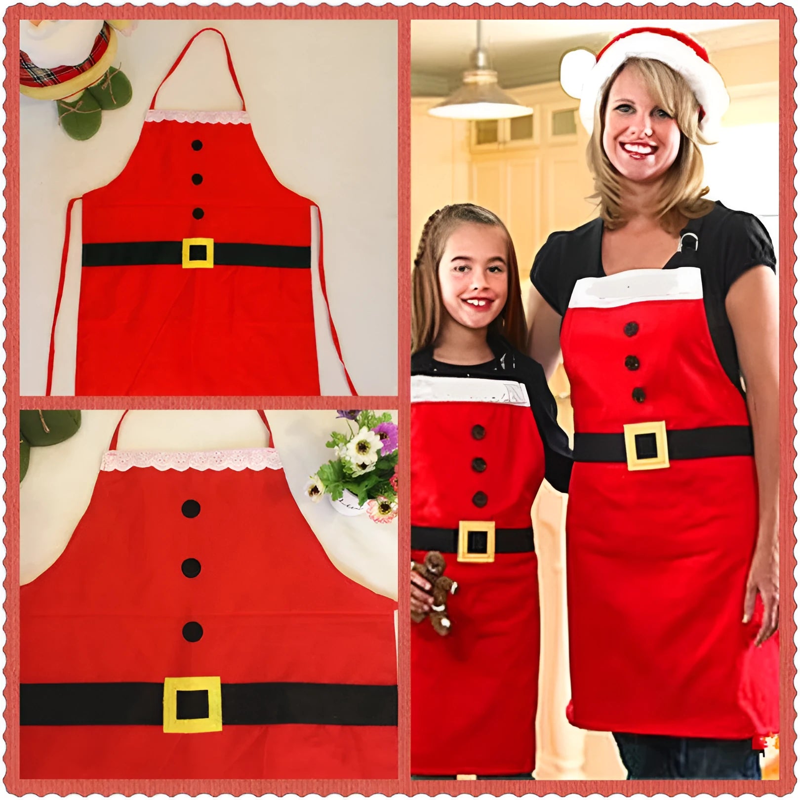 Red Merry Christmas apron in adult and children's sizes with adjustable straps