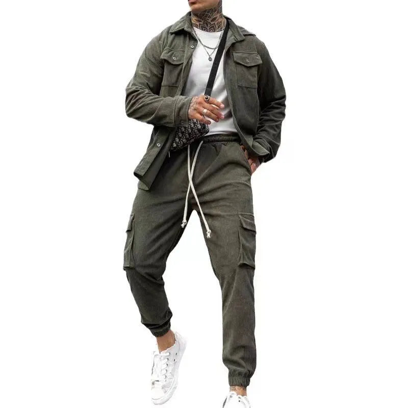 Men's cotton blend long sleeve sports suit set in army green, jacket and trousers, autumn casual tracksuit