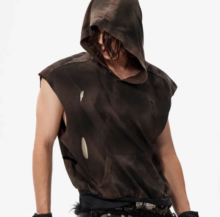 Khaki coloured cotton short hood vest for teenagers on a size chart background.