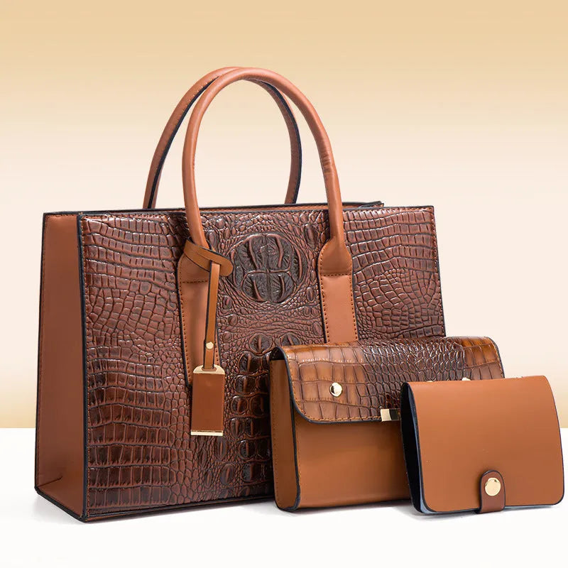 Women's three-piece PU leather shoulder bag set with crocodile pattern in four colour options