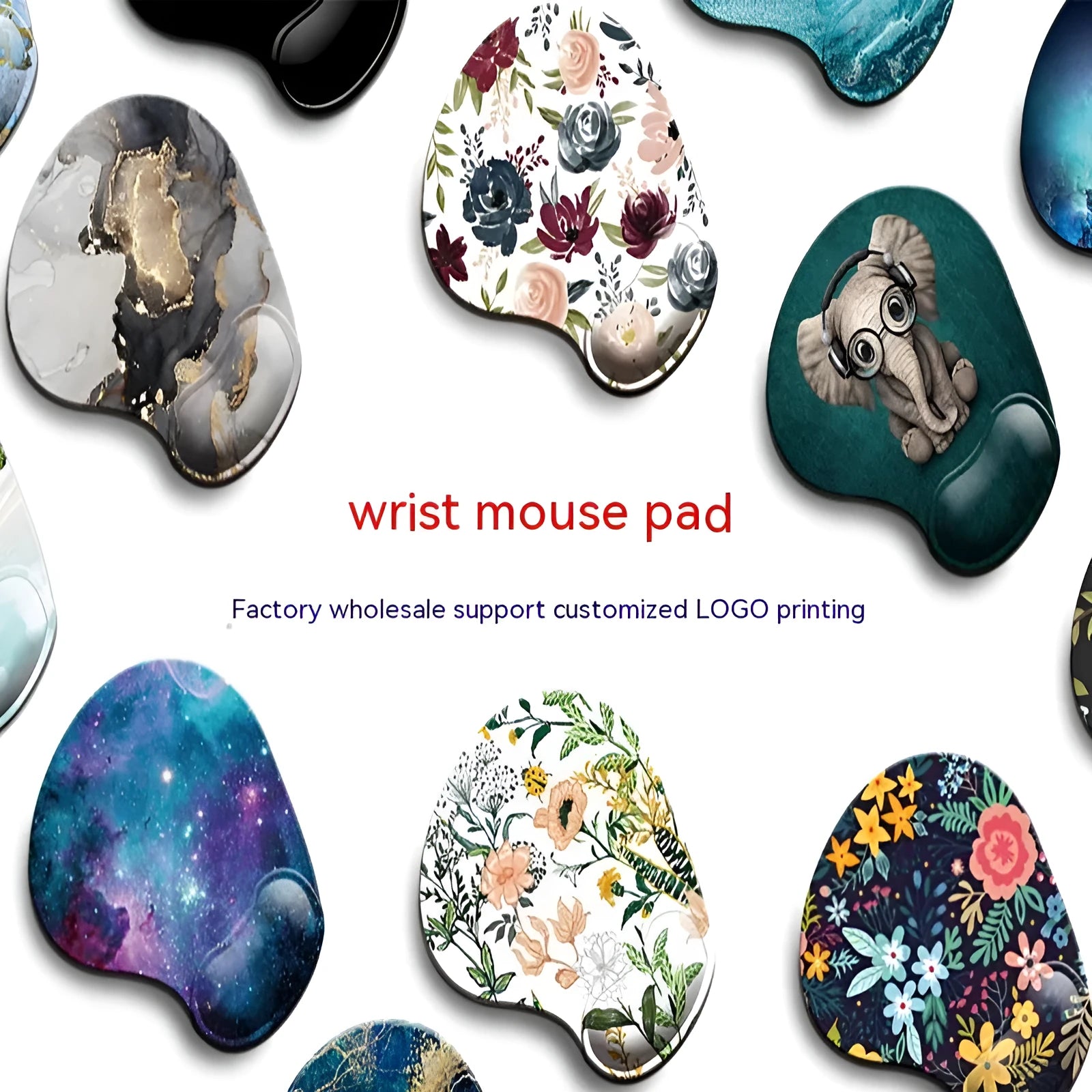 Black silicone keyboard wrist pad with floral pattern and integrated wrist strap, dimensions 228mm by 192mm.