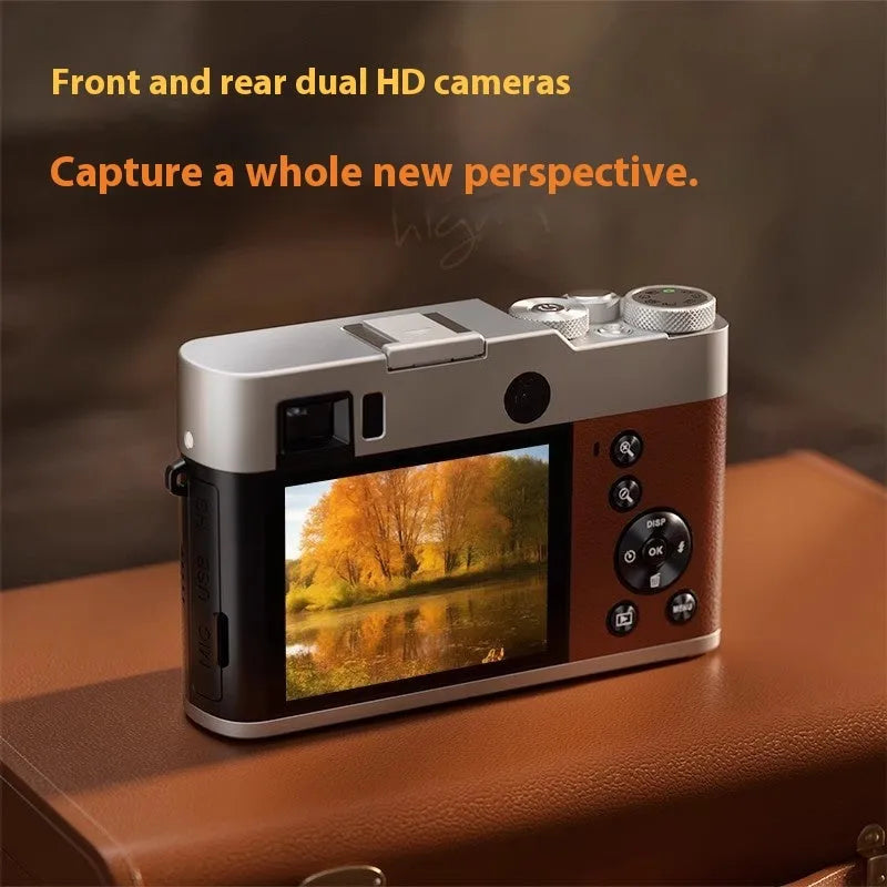 5K HD digital camera with dual front and rear cameras, 2.88-inch display, in black or brown colour