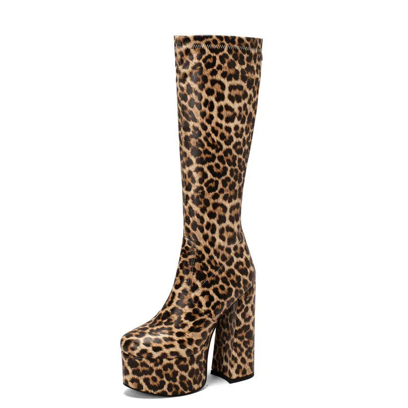 European American stretch boots waterproof platform high heel 8cm black colour knee-high rubber sole