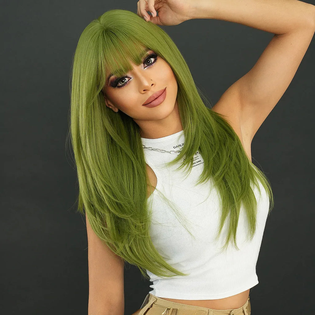 Vanilla green straight women's wig measuring 63cm long with bangs